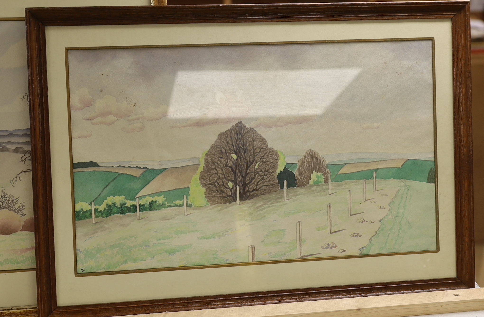 Fergus Graham (1900-1968), set of four watercolours, Hillside landscapes and lake, monogrammed, each with various inscriptions and stamps verso, largest 47 x 28cm